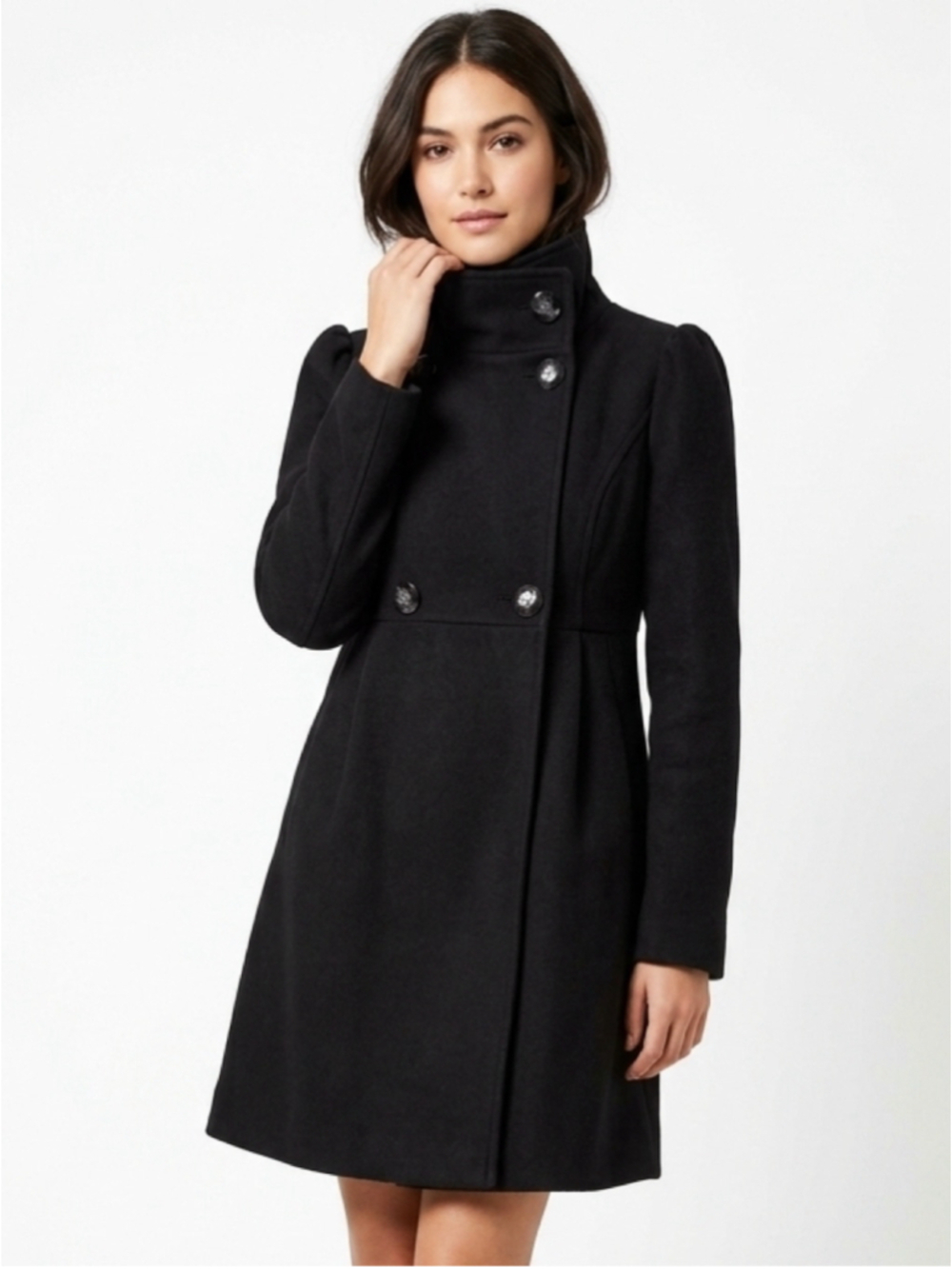 Women's Lili Bleu Black Stand-Collar A-Line Flared Dress Coat - Size Small